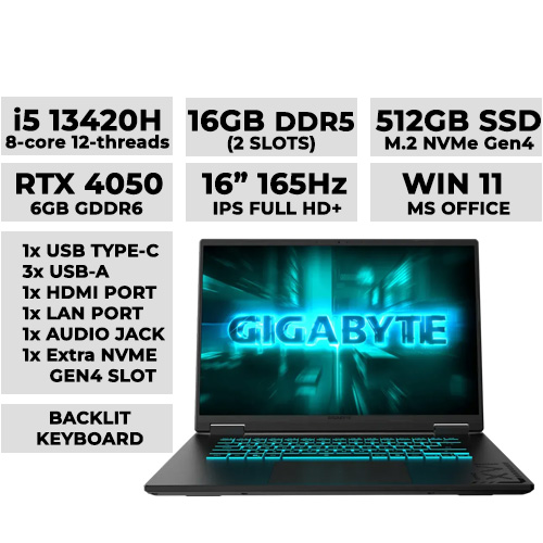 Gigabyte A16-CMHH2PH893SH (Black) Gaming Laptop 16" 165hz | i5-13420H | 16GB DDR5 | 512GB NVMe | RTX 4050 6GB
